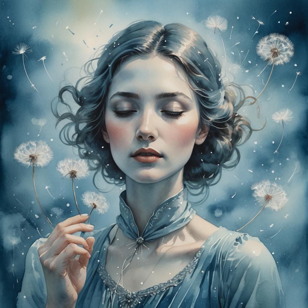 Dreamy Woman with Dandelions in Watercolor Style