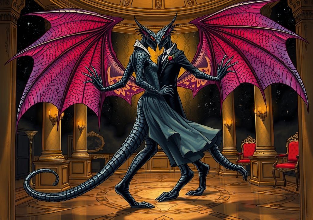 Winged Monsters Dancing in Ballroom, Moebius Style