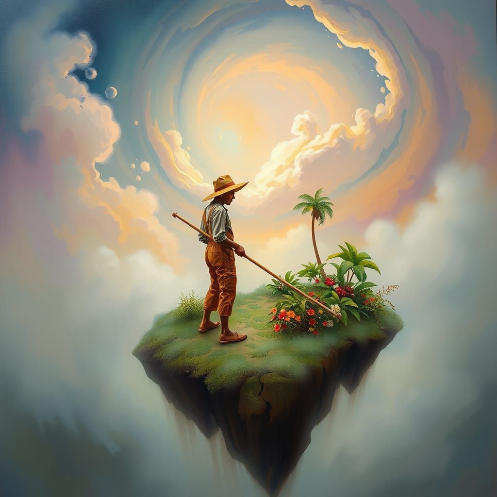 Surreal Tropical Oasis Amidst Cosmic Nebula in Impressionist...