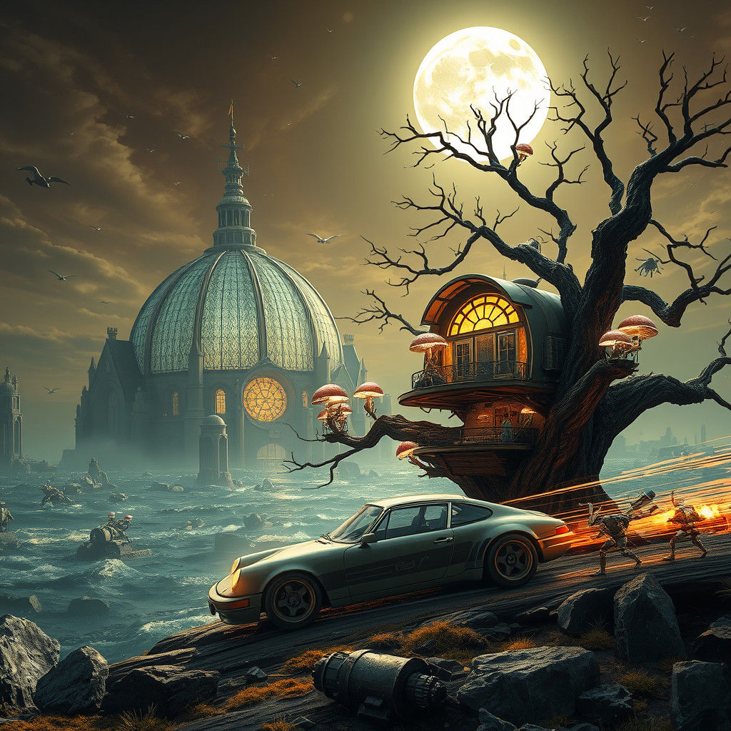 Post-Apocalyptic Retro-Futuristic Battle Under a Full Moon