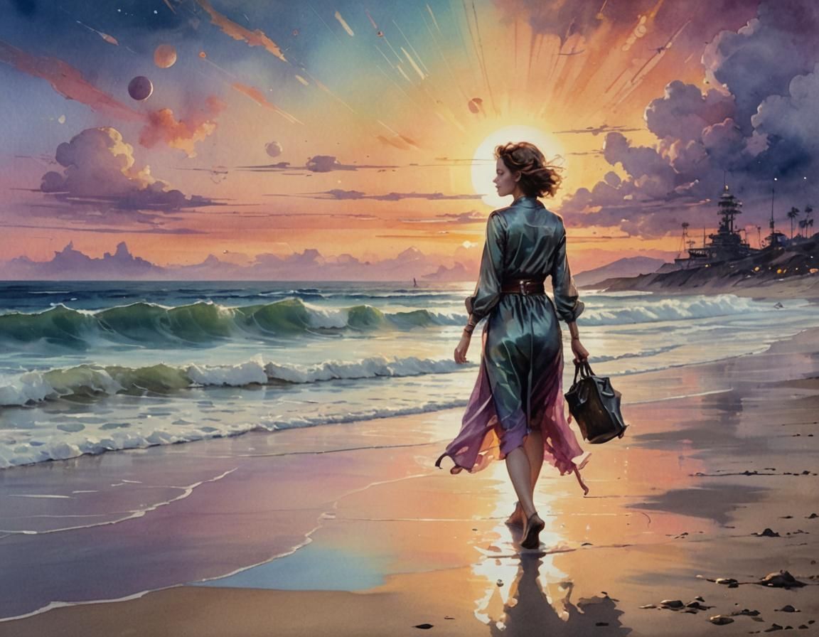 Sunset Beach Stroll: Watercolor Retro-Futuristic Alien Plane...
