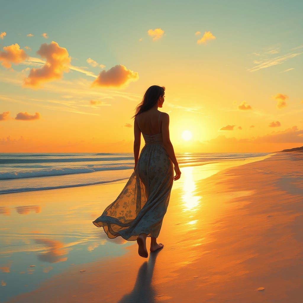 Woman on Beach at Sunset in Impressionist Style
