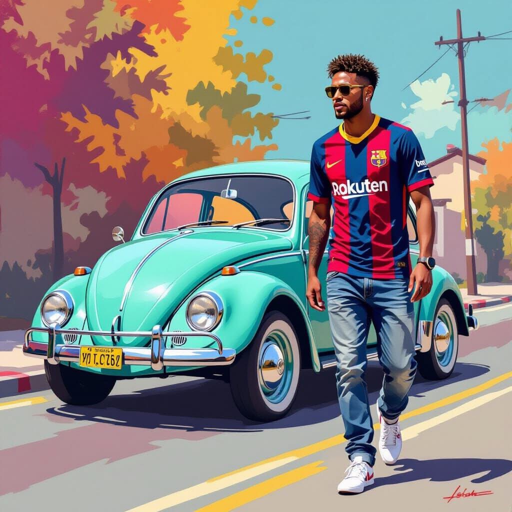 Neymar and Volkswagen Fusca in Vibrant Digital Art