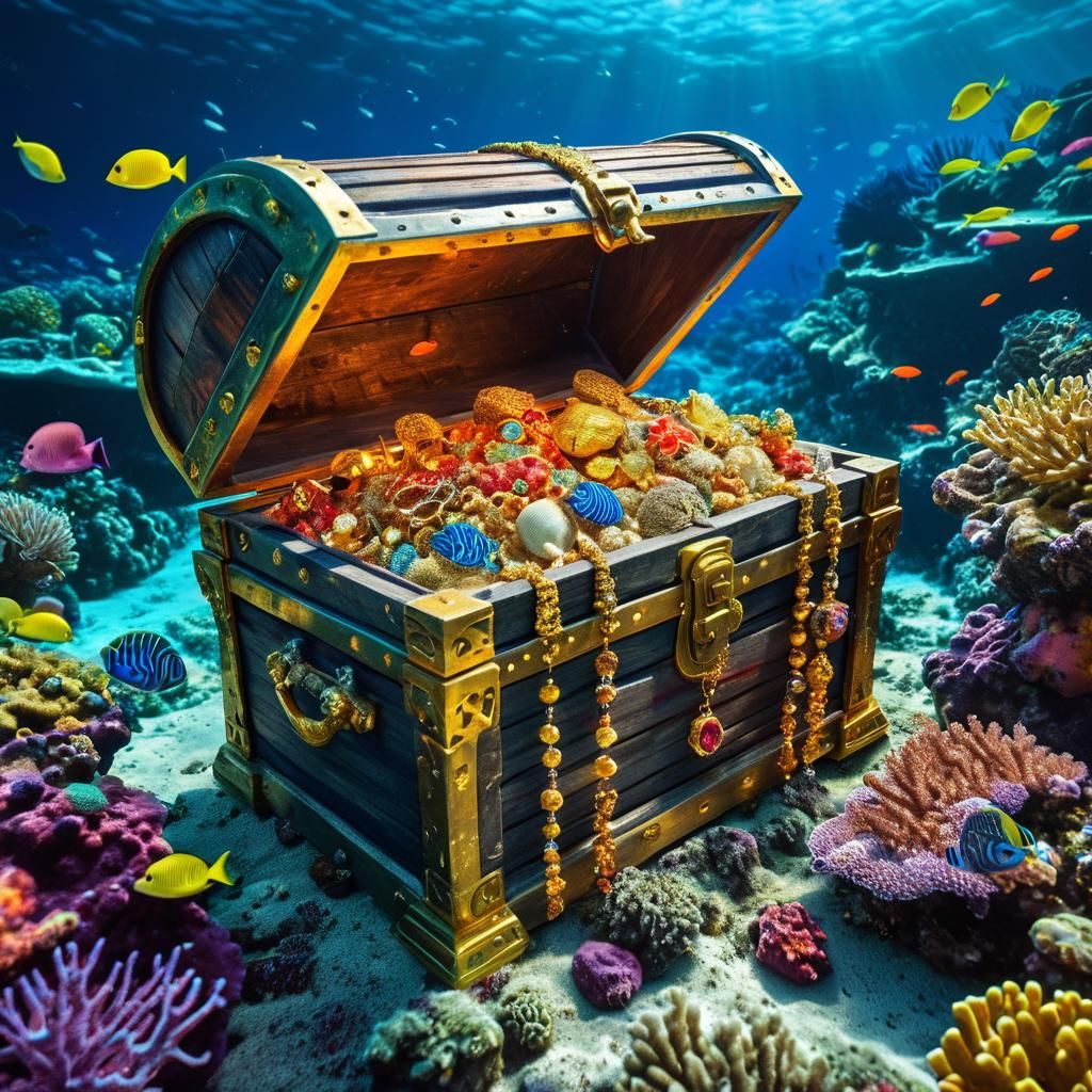 Ocean Creatures Discovering Sunken Treasure in Coral Reef