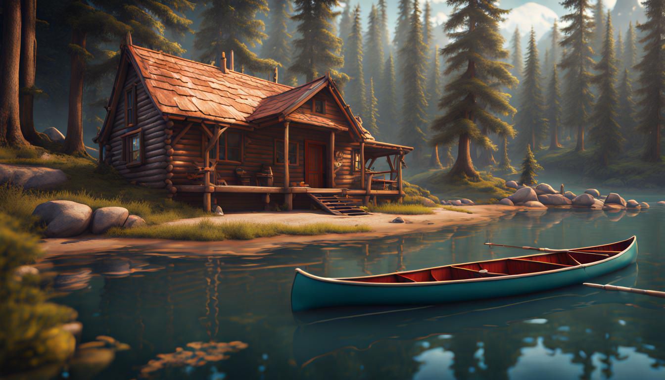 Summer Camp Lake Cabins and Canoe: Fantasy Art
