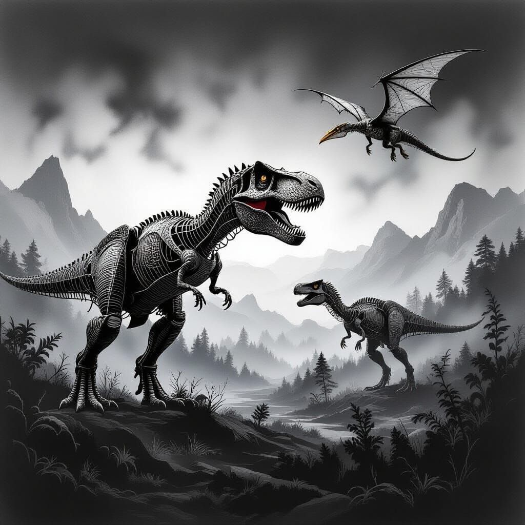 Wire Sculpture T-Rex and Pterosaurs in Prehistoric Landscape