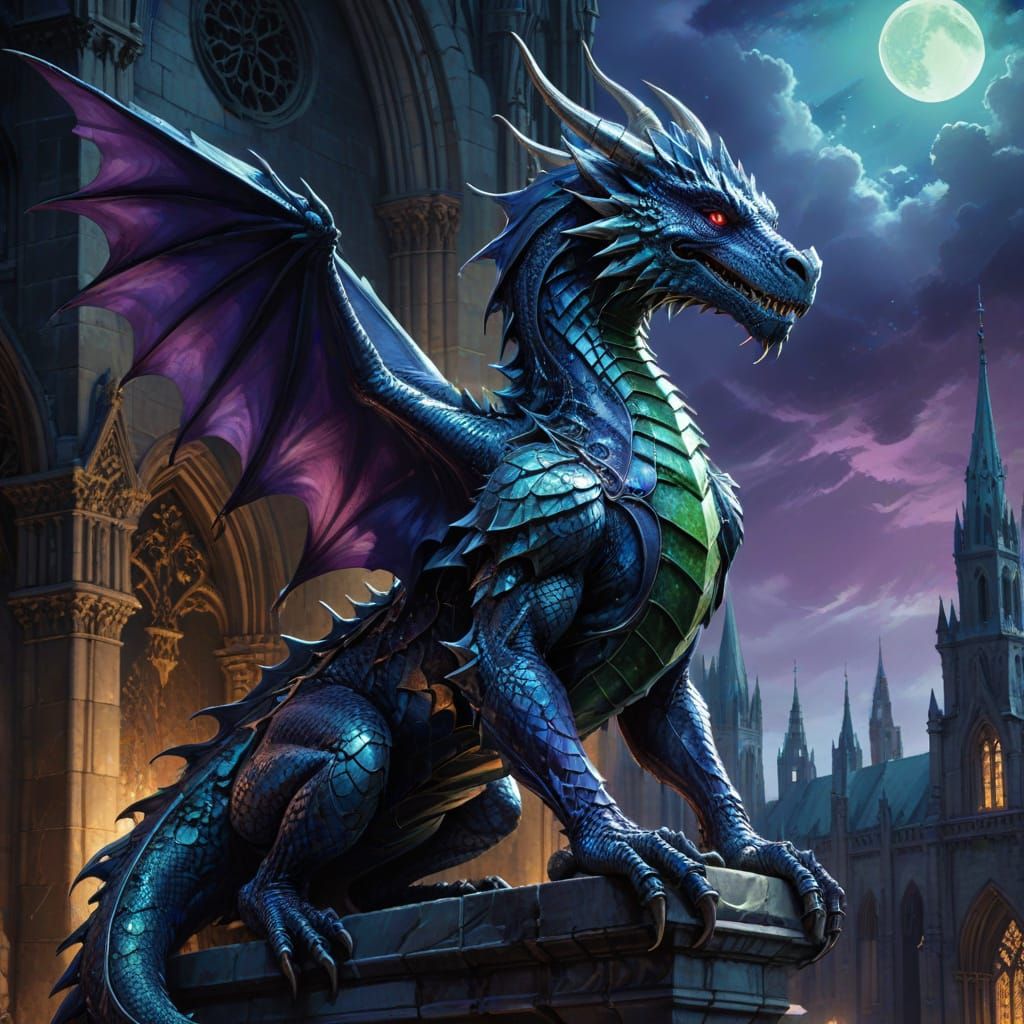 Crystallized Chrome Dragon on Gothic Cathedral