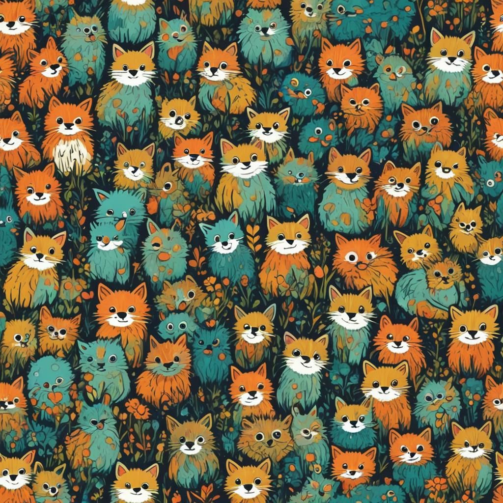 Cute Fuzzy Creatures in Abstract Art Style