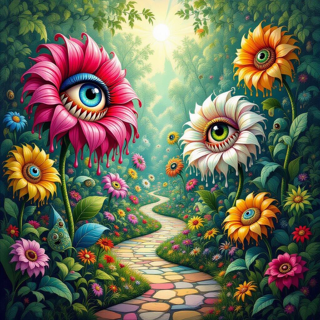 Psychedelic Garden with Bosch Creatures in Escher Style