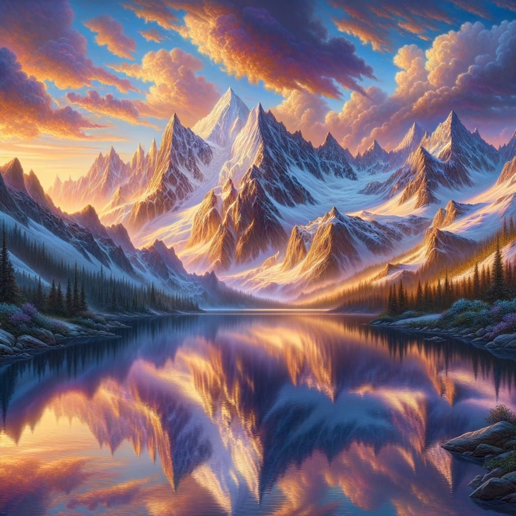 Hyperrealistic Snow-Capped Mountain Range at Sunrise