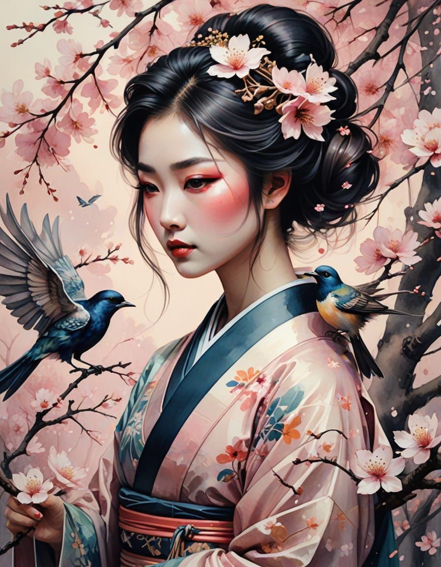 Japanese Geisha Tenderly Cradles a Small Bird in a Watercolo...