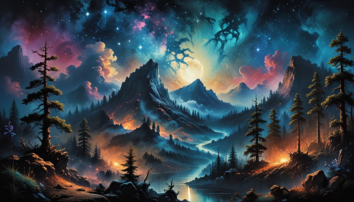 Surreal Summer Night Landscape with Nebula and Deep Colors