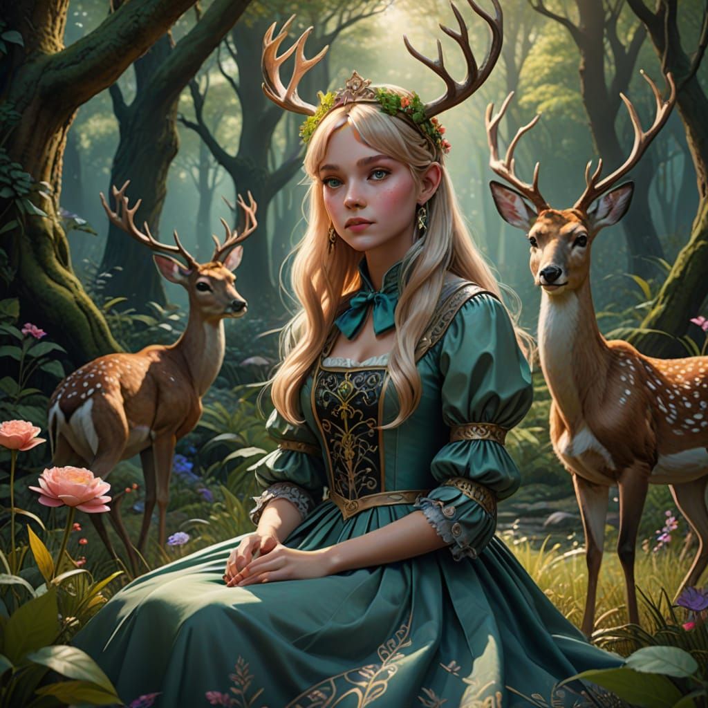 Princess With Deer And Rabbit In Whimsical Forest