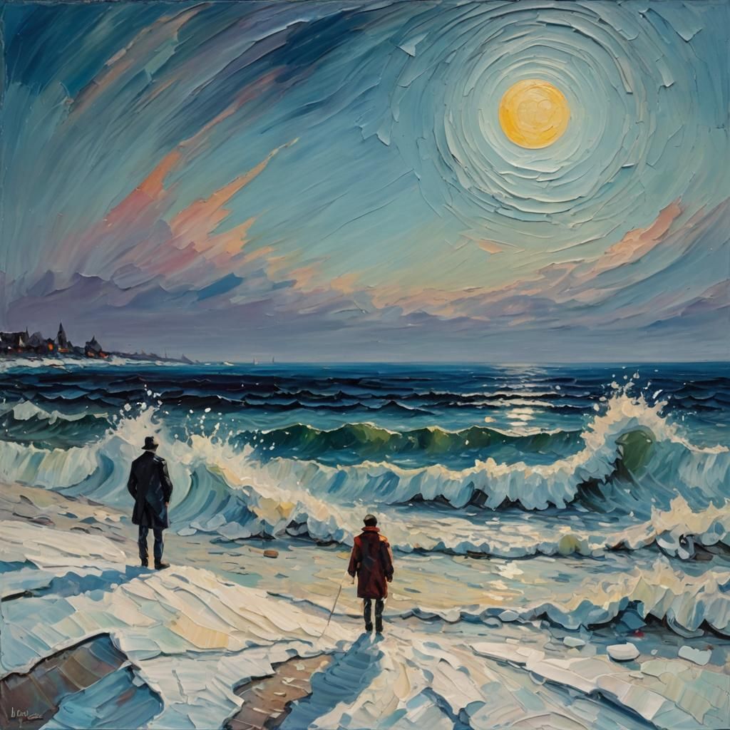 Icy Wave Under Blue Moon as Impasto Painting