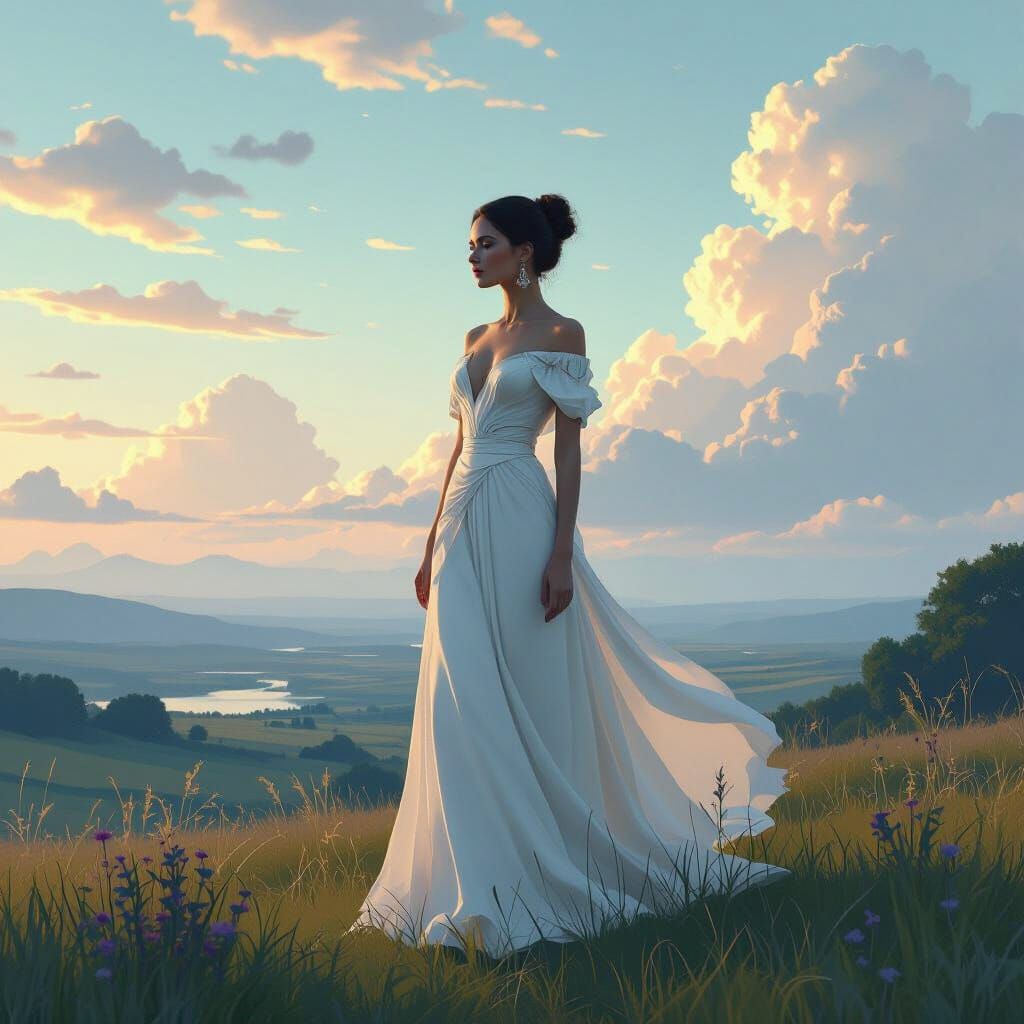 Elegant Woman in Serene Landscape, Dreamy Art Style