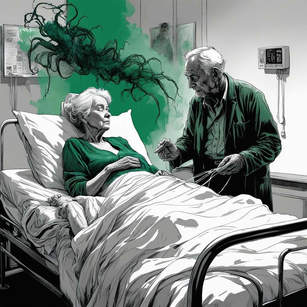 Black and White Portrait: Old Woman with Green Disease