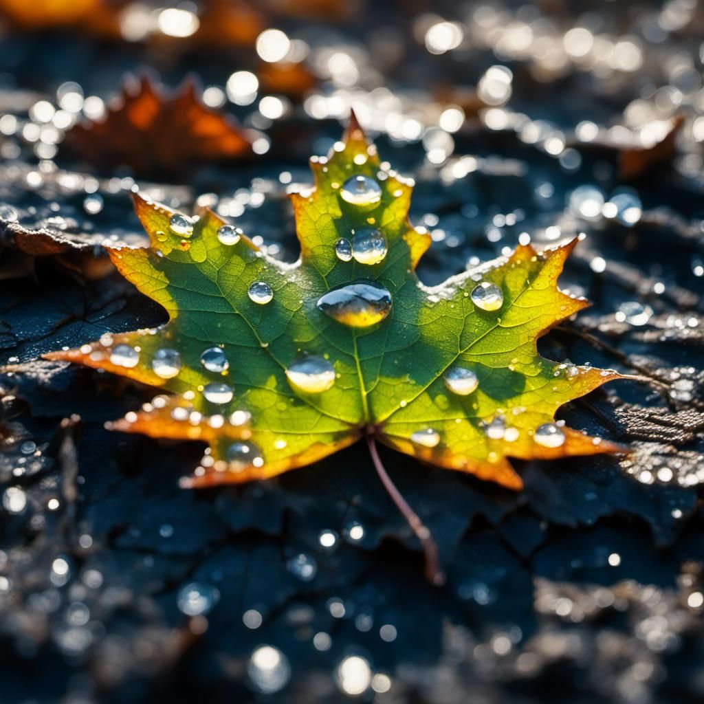 Dew drops on a maple leaf