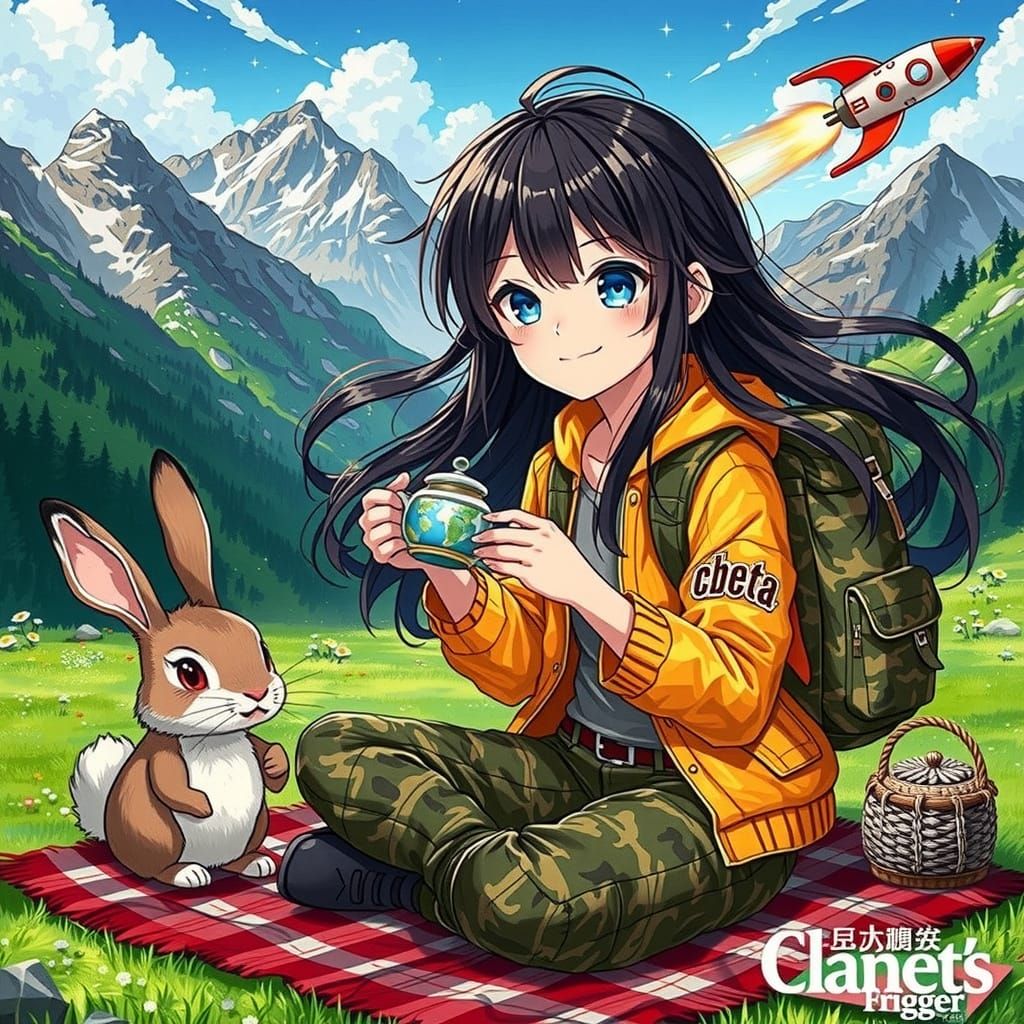 Anime Girl in Mountains with Hare and Rocket
