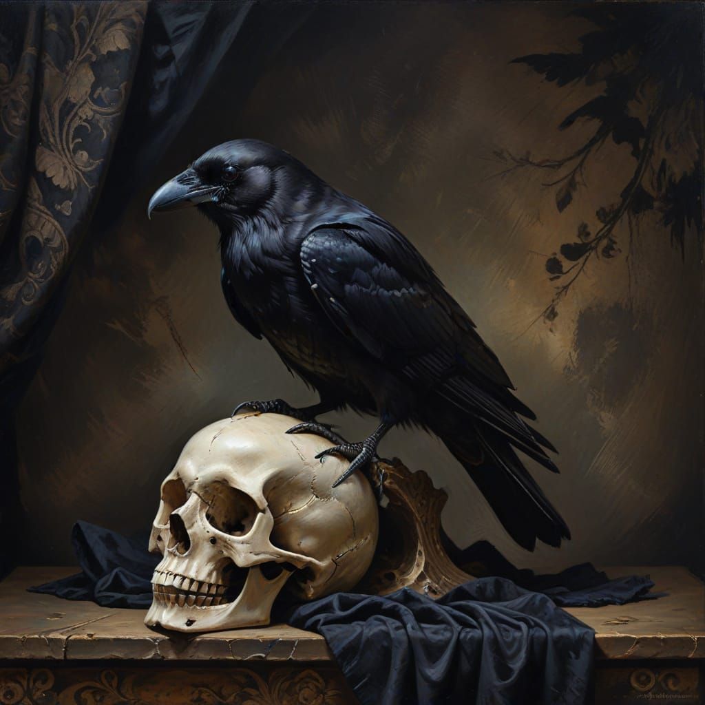 Crow on Antique Skull Oil Painting with Chiaroscuro