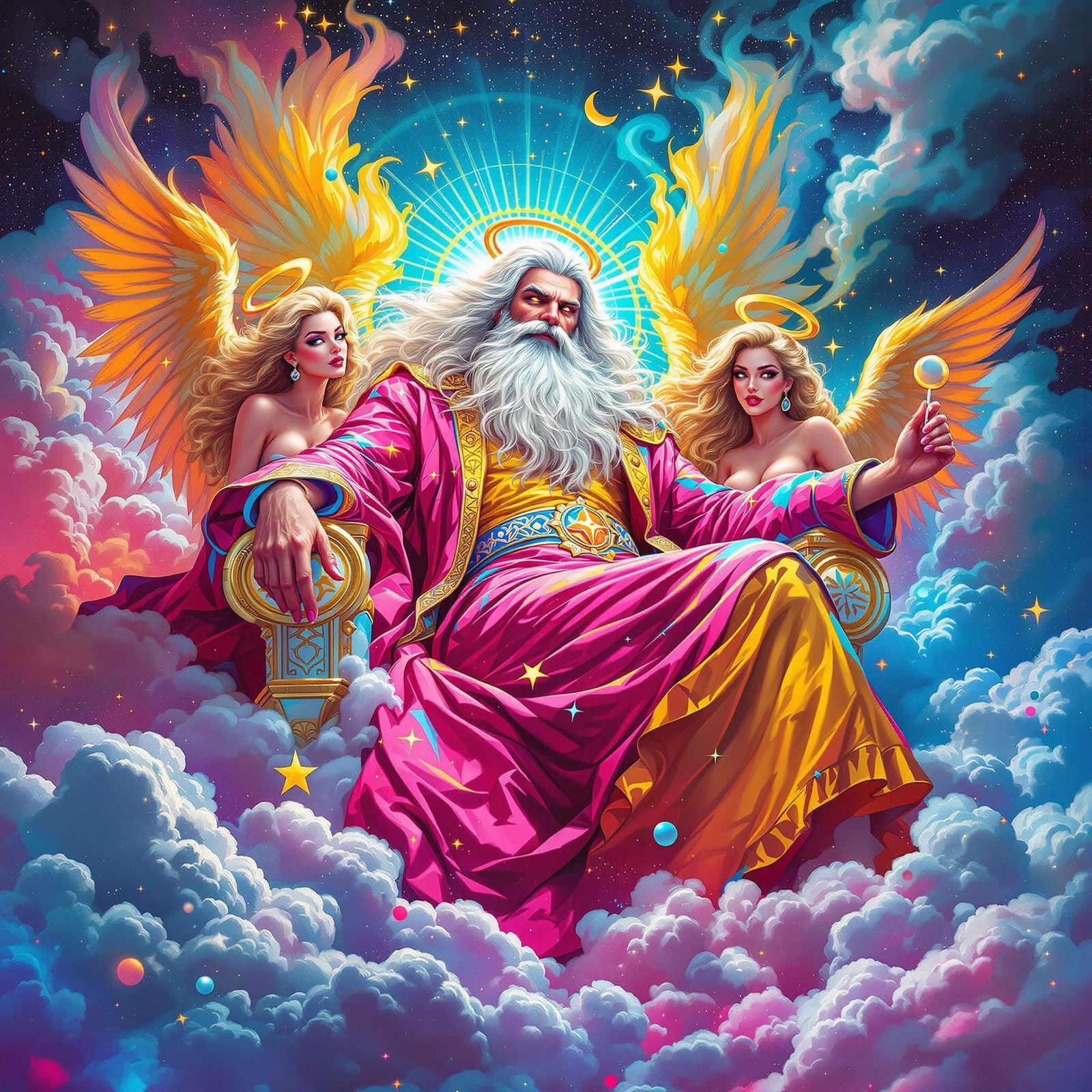 God of Rockstar Proportions in Vibrant Cosmic Landscape