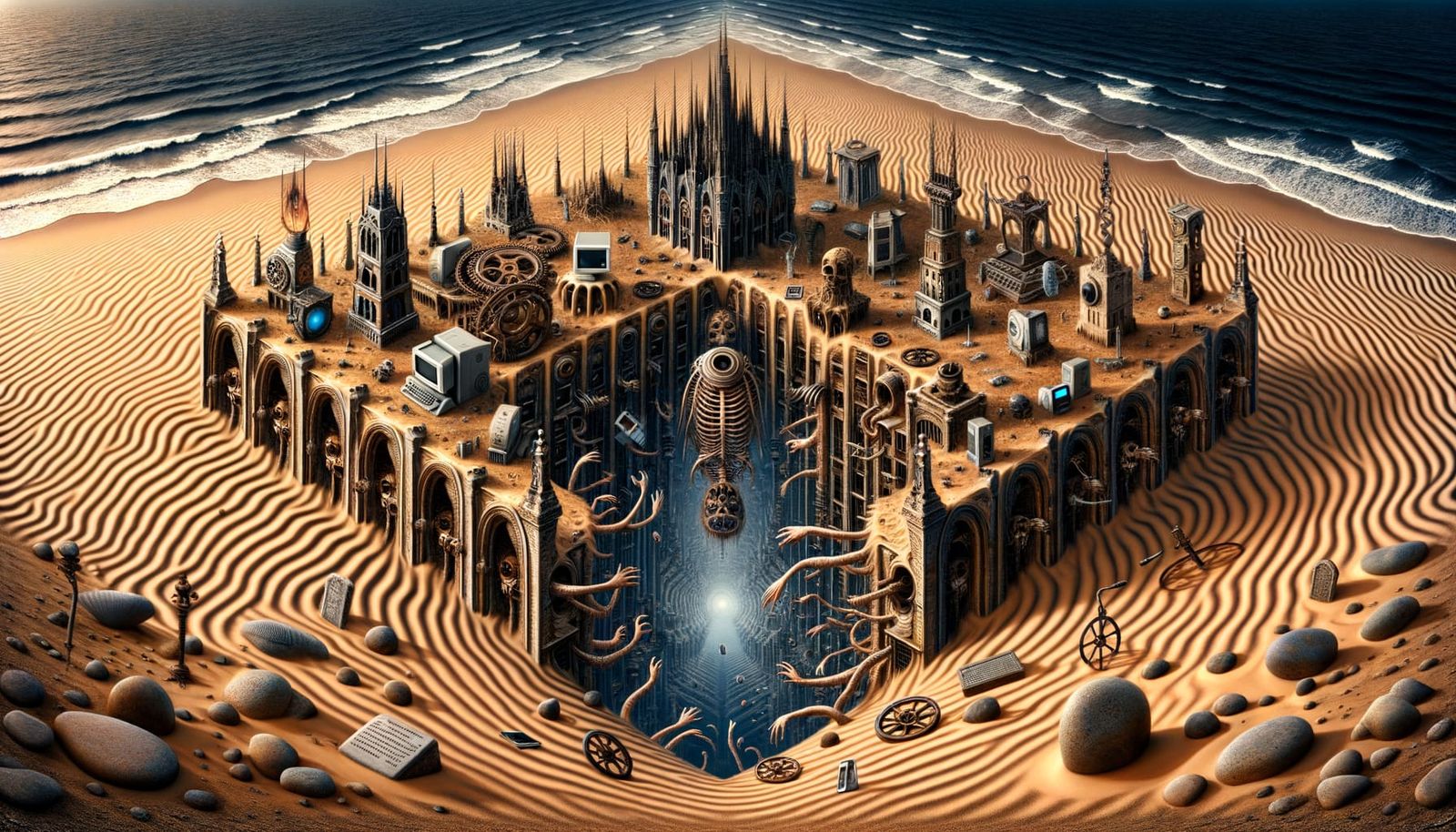 Surreal Dystopian Beach with Upside Down City