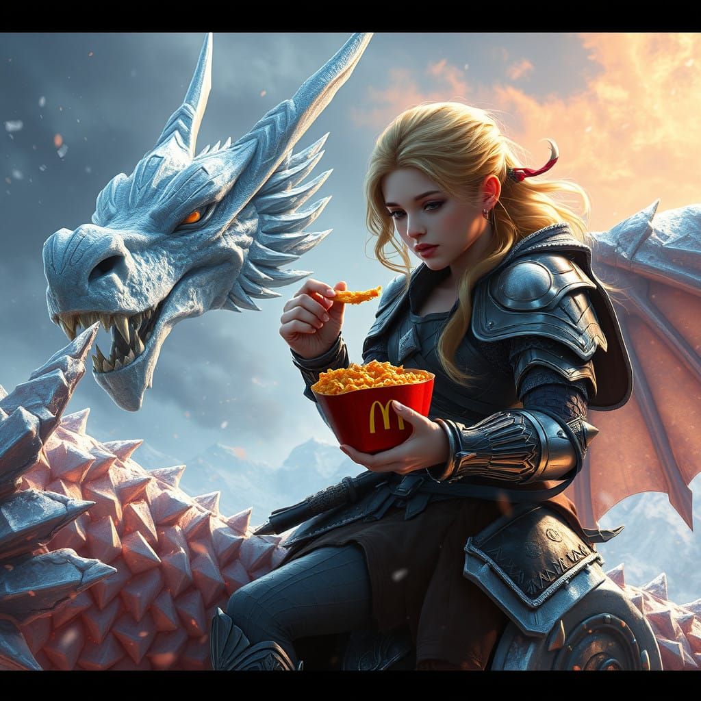 Majestic Maiden Conquers Frosty Realm with Ice Dragon and Go...