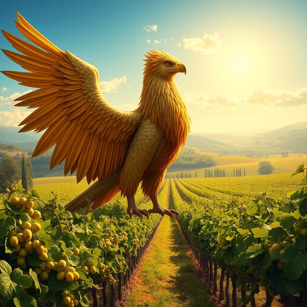Majestic Griffin Guards Golden Vineyard in Sunset Glory