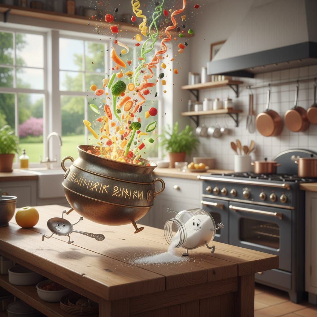 Magical Cooking Pot and Spoon in a Bright Kitchen