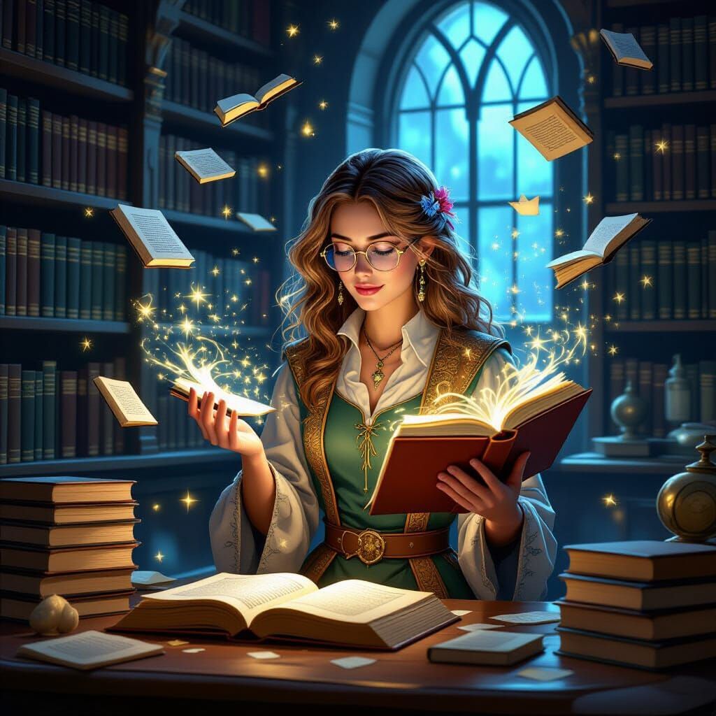 Magical Librarian with Whispering Books