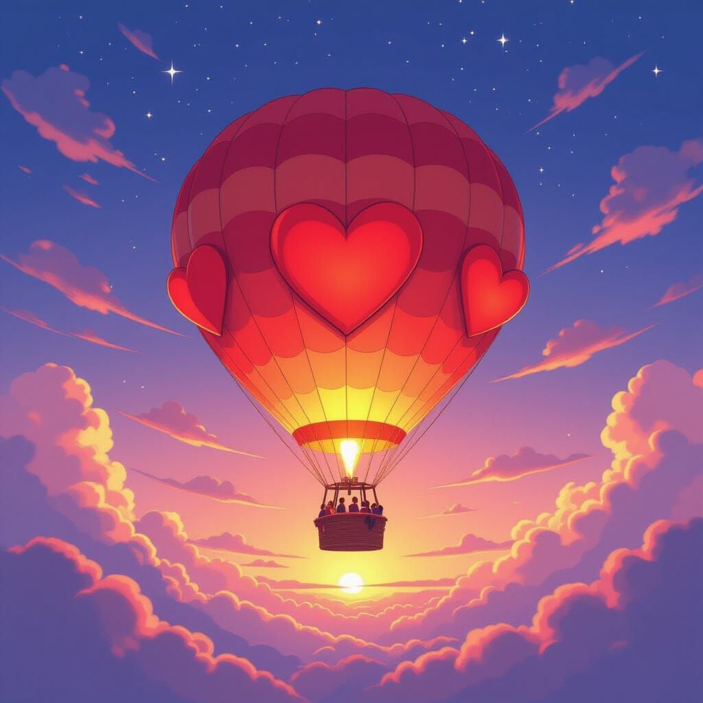 Heart Air Balloon at Sunset in Anime Style