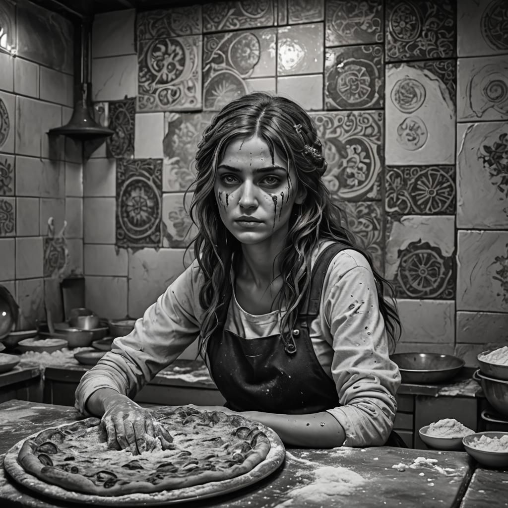 Sad Italian Girl Making Pizza in Kitchen