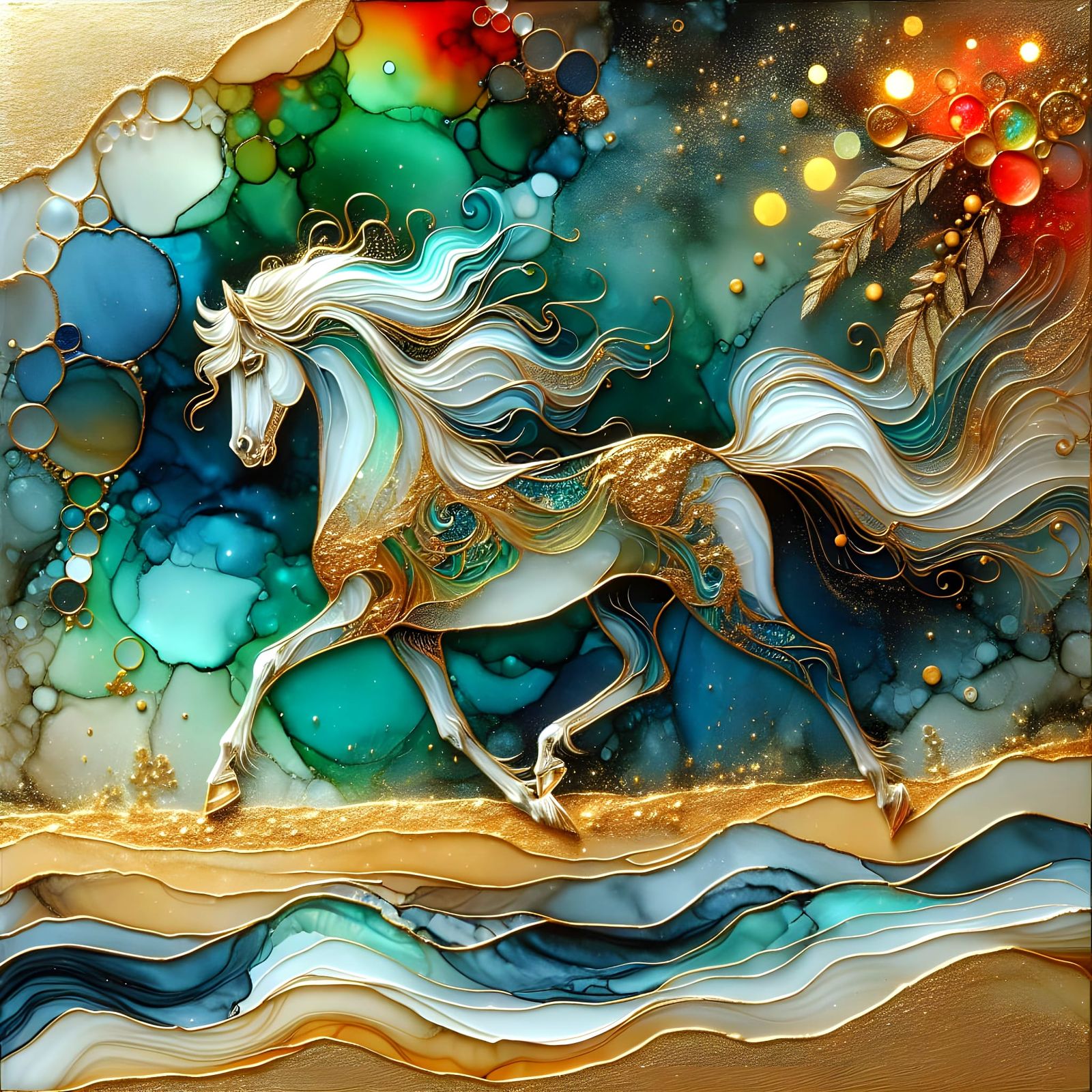 Vibrant Glasswork Horse Gallops on Sandy Beach