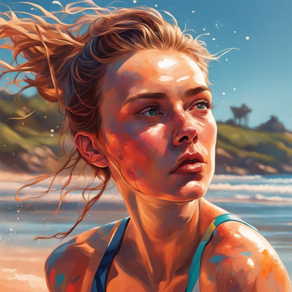 Emma Mackey Sweating on a Beach, Splash Art