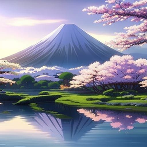 Japanese Village with Mount Fuji in Anime Style