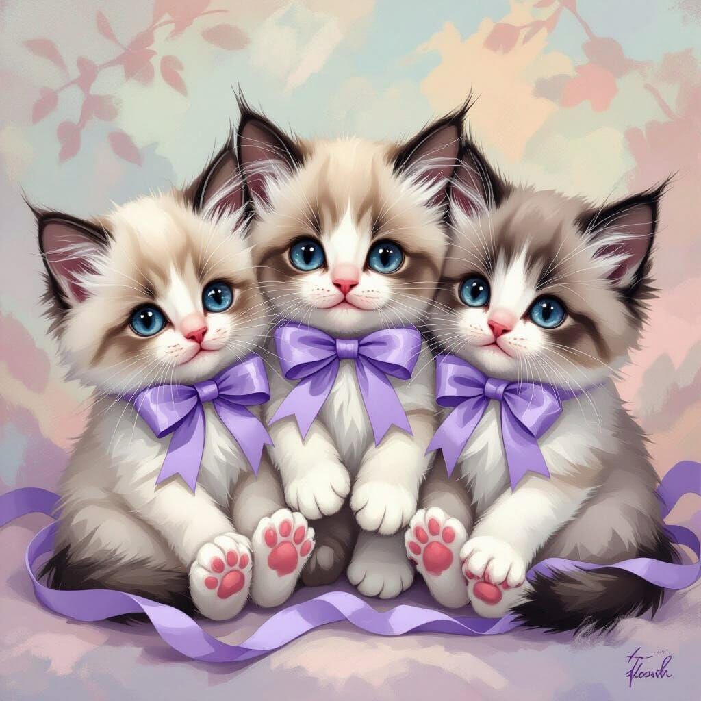 Ragdoll Kittens with Lilac Ribbons in Illustrative Style