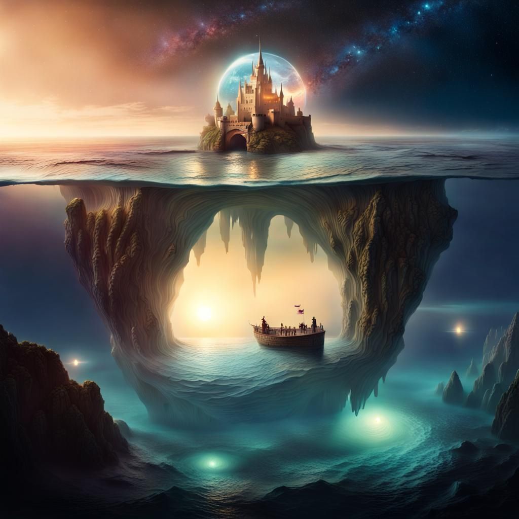 Floating Castle with Secret Cave, Fantasy Matte Painting