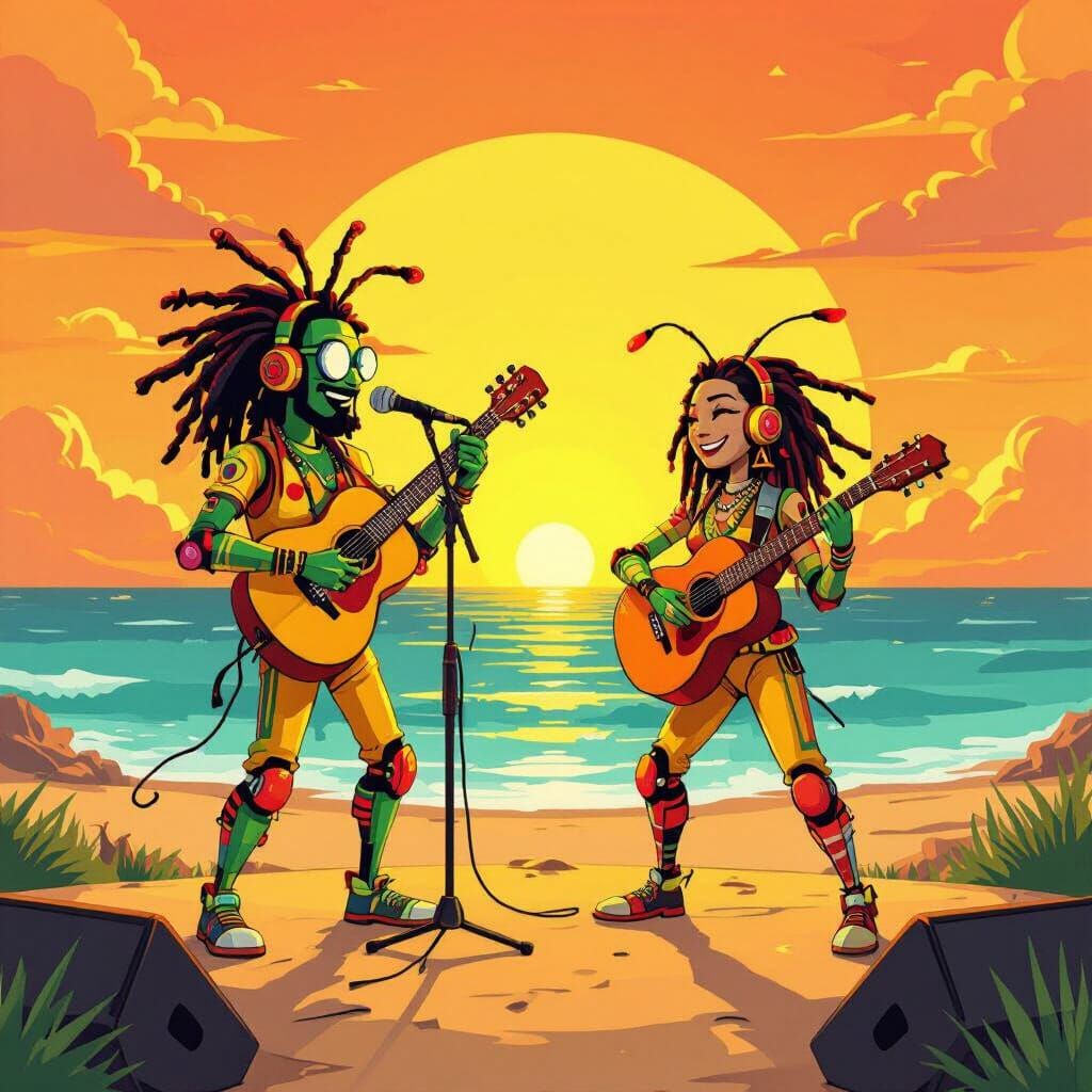 Reggae Cricket Musicians Perform on Beach Stage in Pixar Sty...