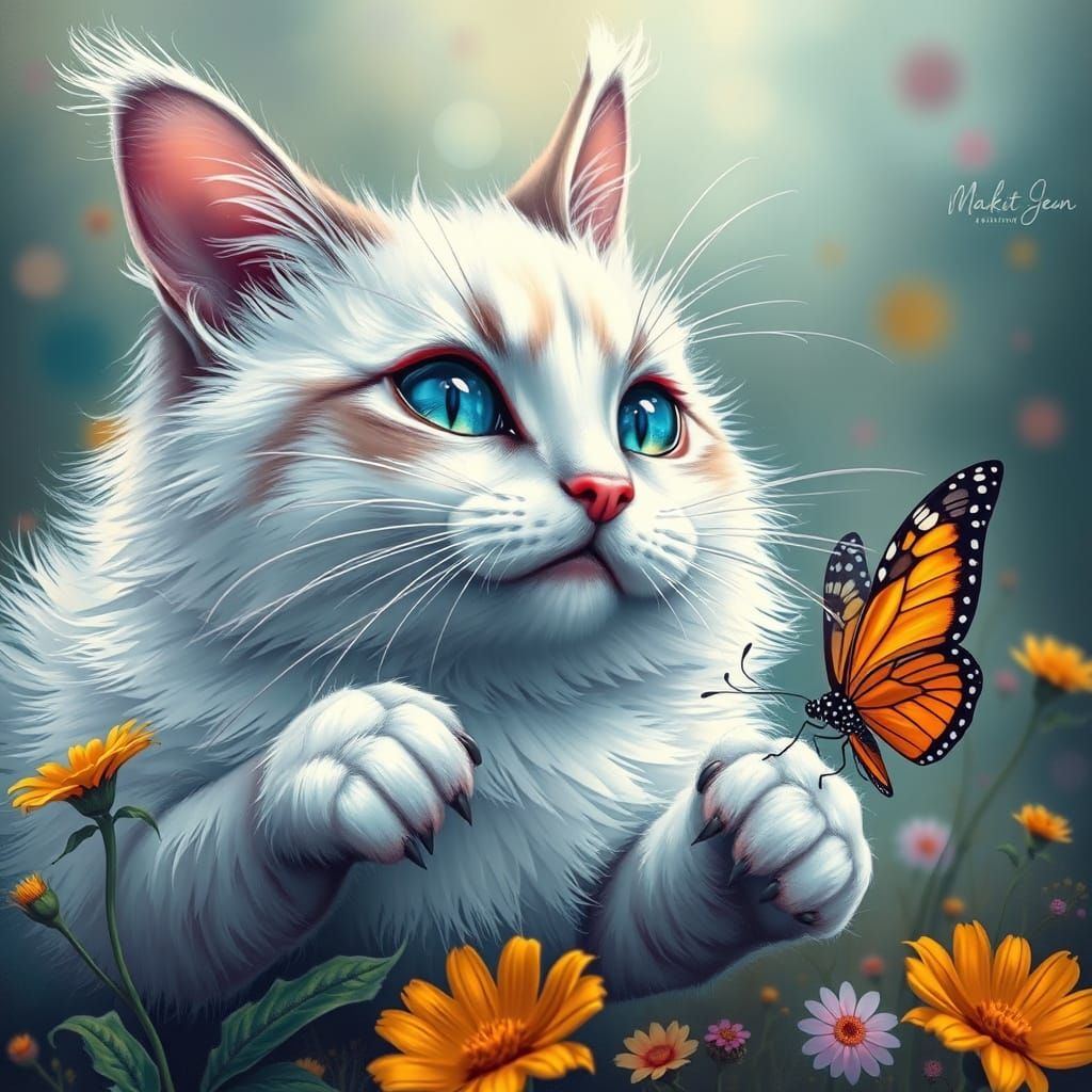 Surreal Cheshire Cat with Vibrant Metallic Fur and Blue Eyes...