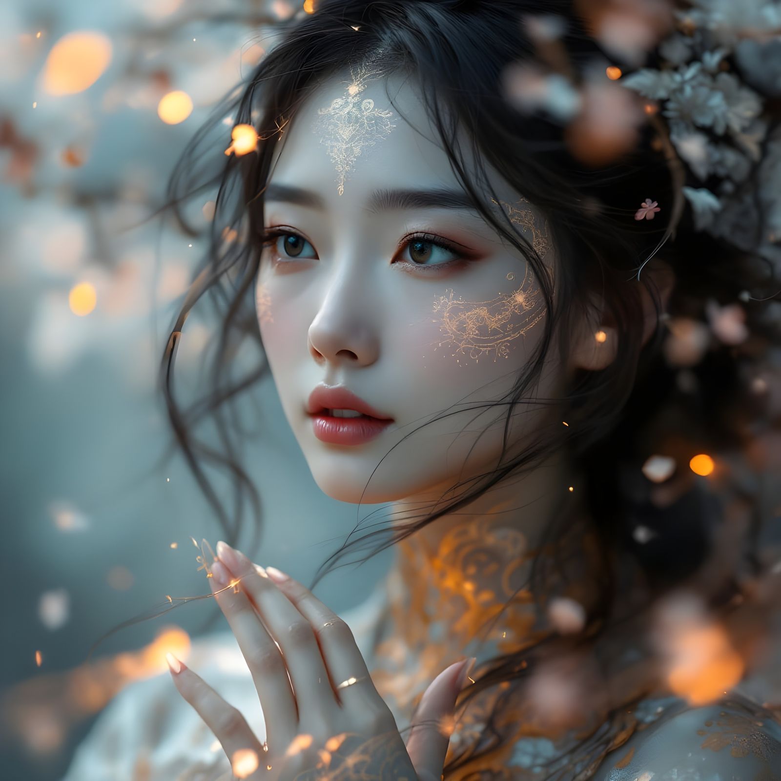 Serene East Asian Woman in Whispy Stripes