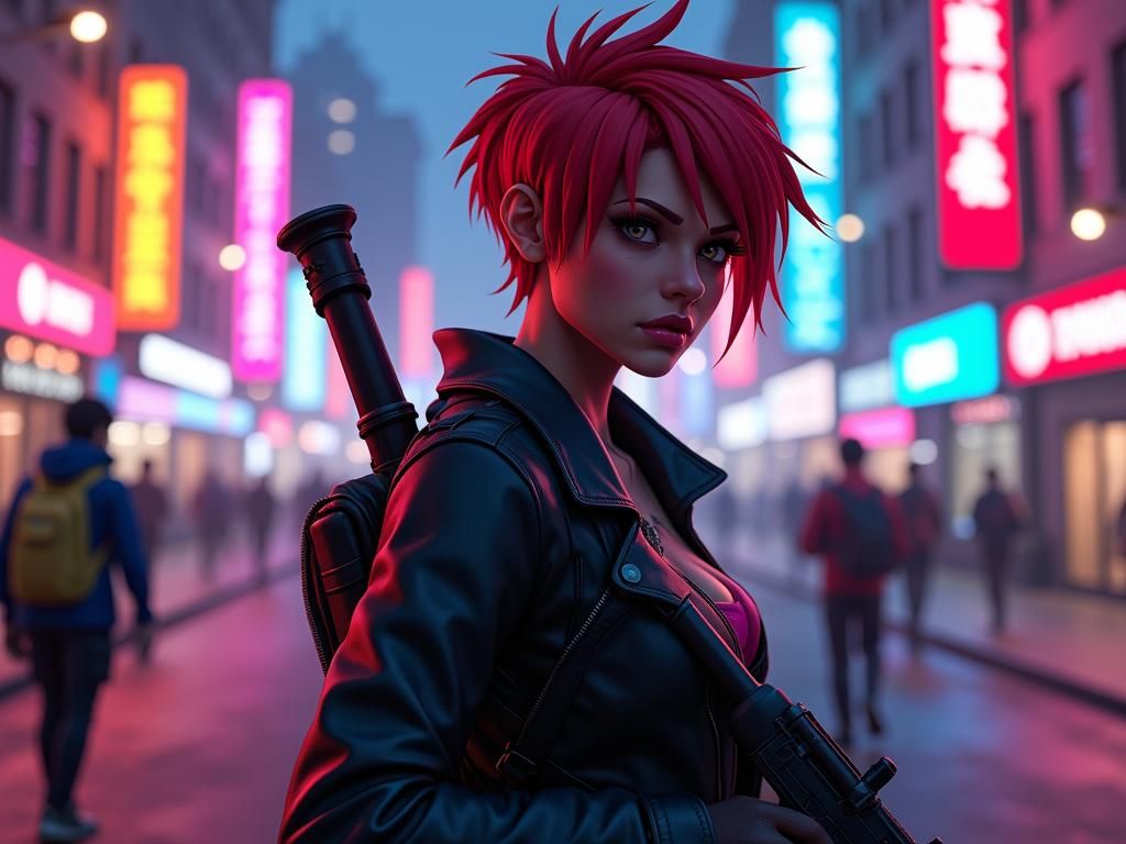 Redhead Warrior in Neon Cityscape