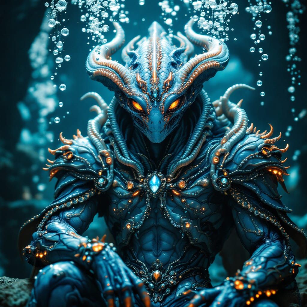 Armored Alien Axolotl Underwater Portrait