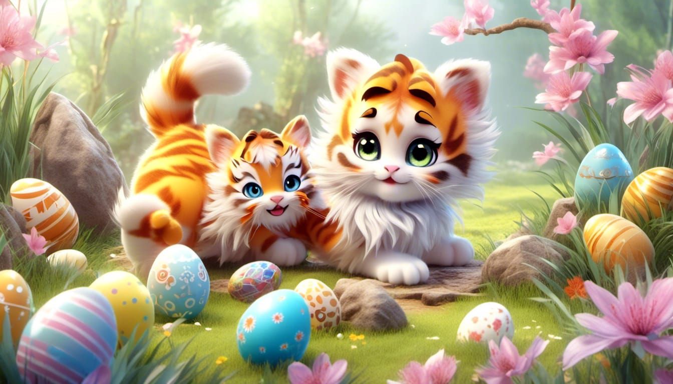 <lora:Unreal:1.0> Happy chibi Crystal furry tiger kitten playing easter Scene