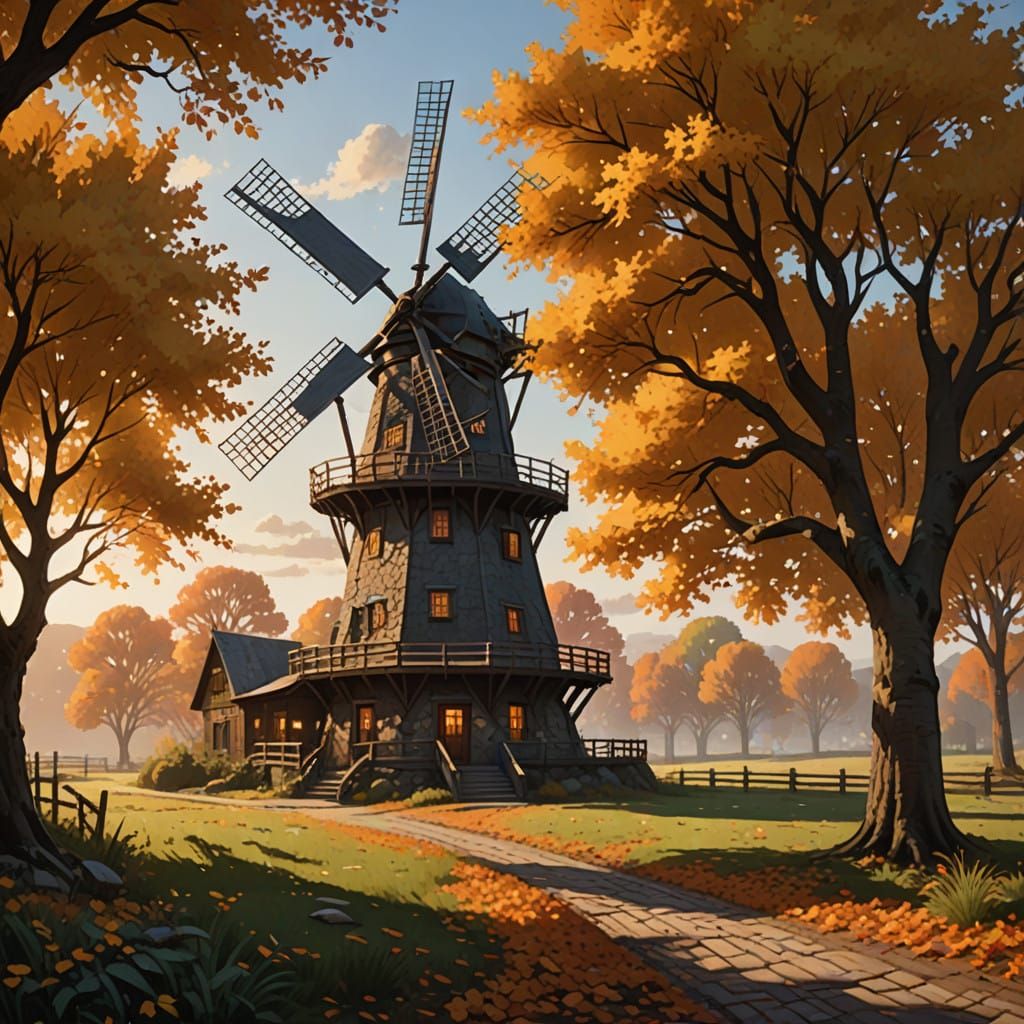 Majestic Windmill in Autumn Whirlwind, Cinematic Lighting