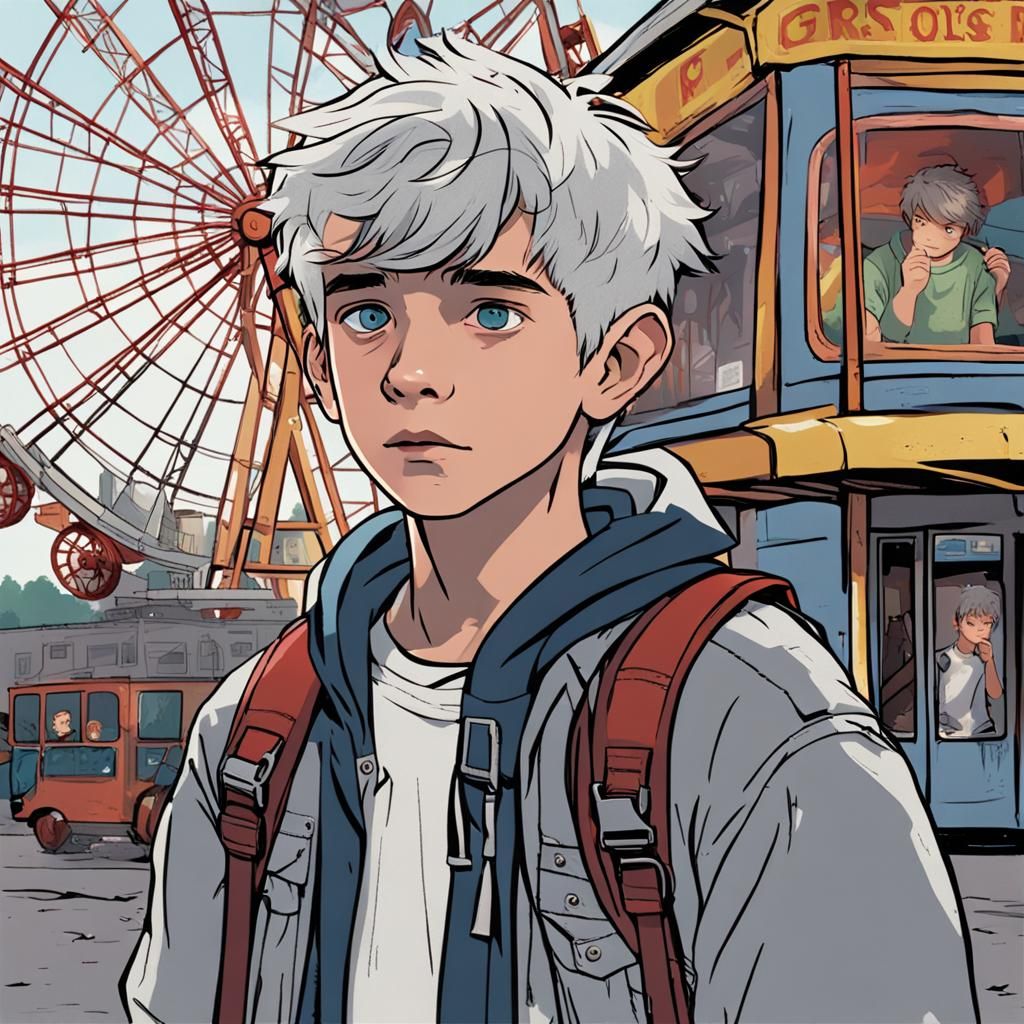 Detailed Portrait of Scared Boy with Dog Backpack