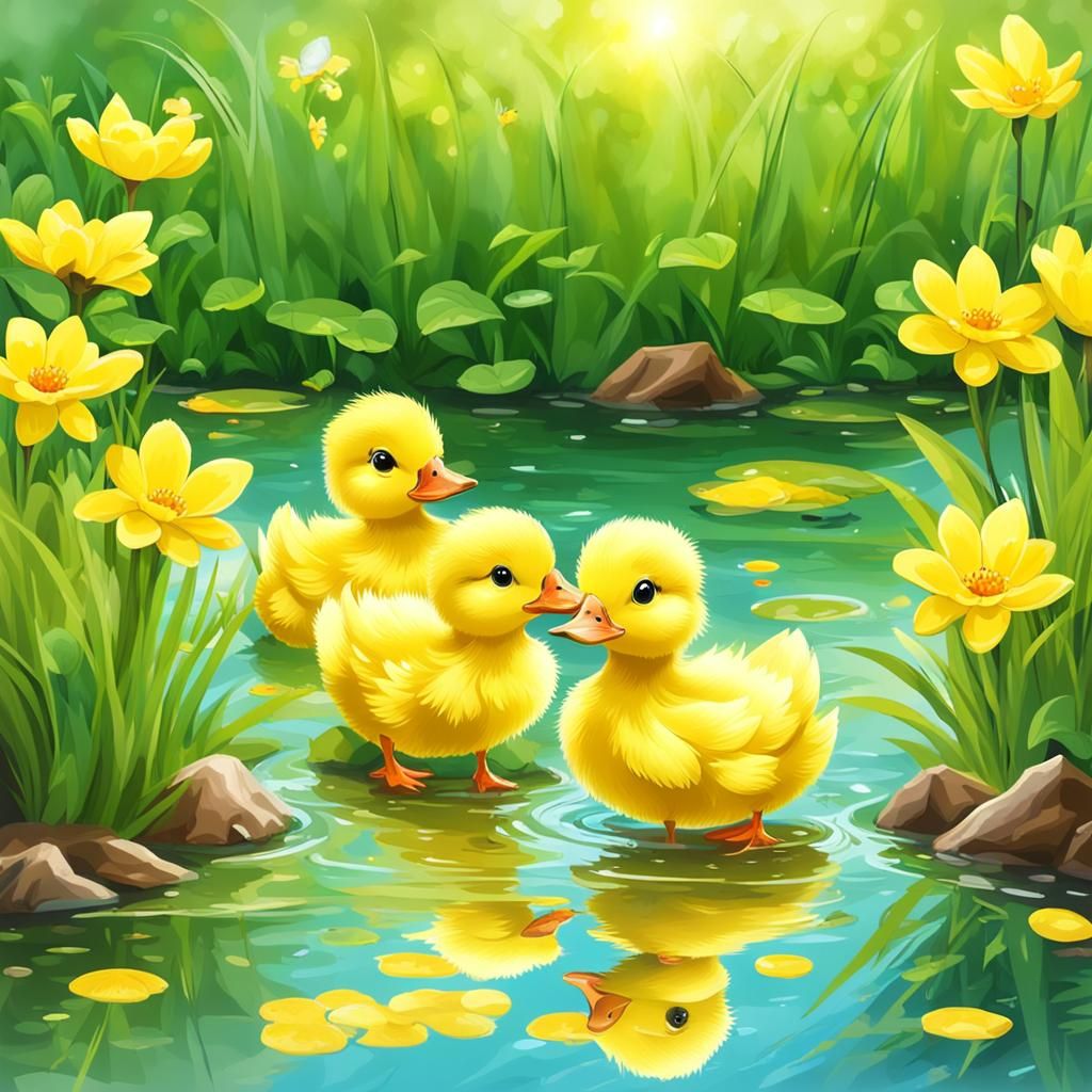 Three Yellow Ducklings Playing in a Sunny Pond