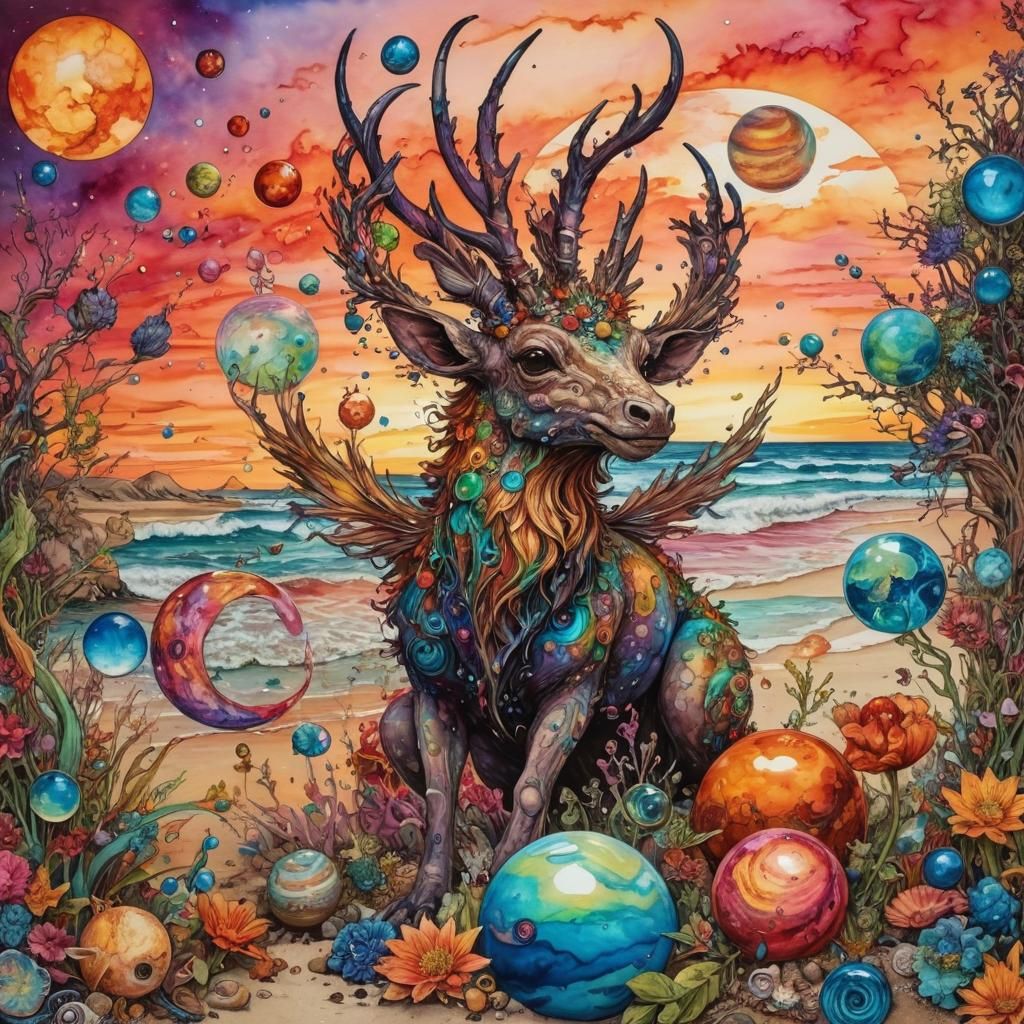 Mythical Creatures on a Sunset Beach in Alcohol Ink