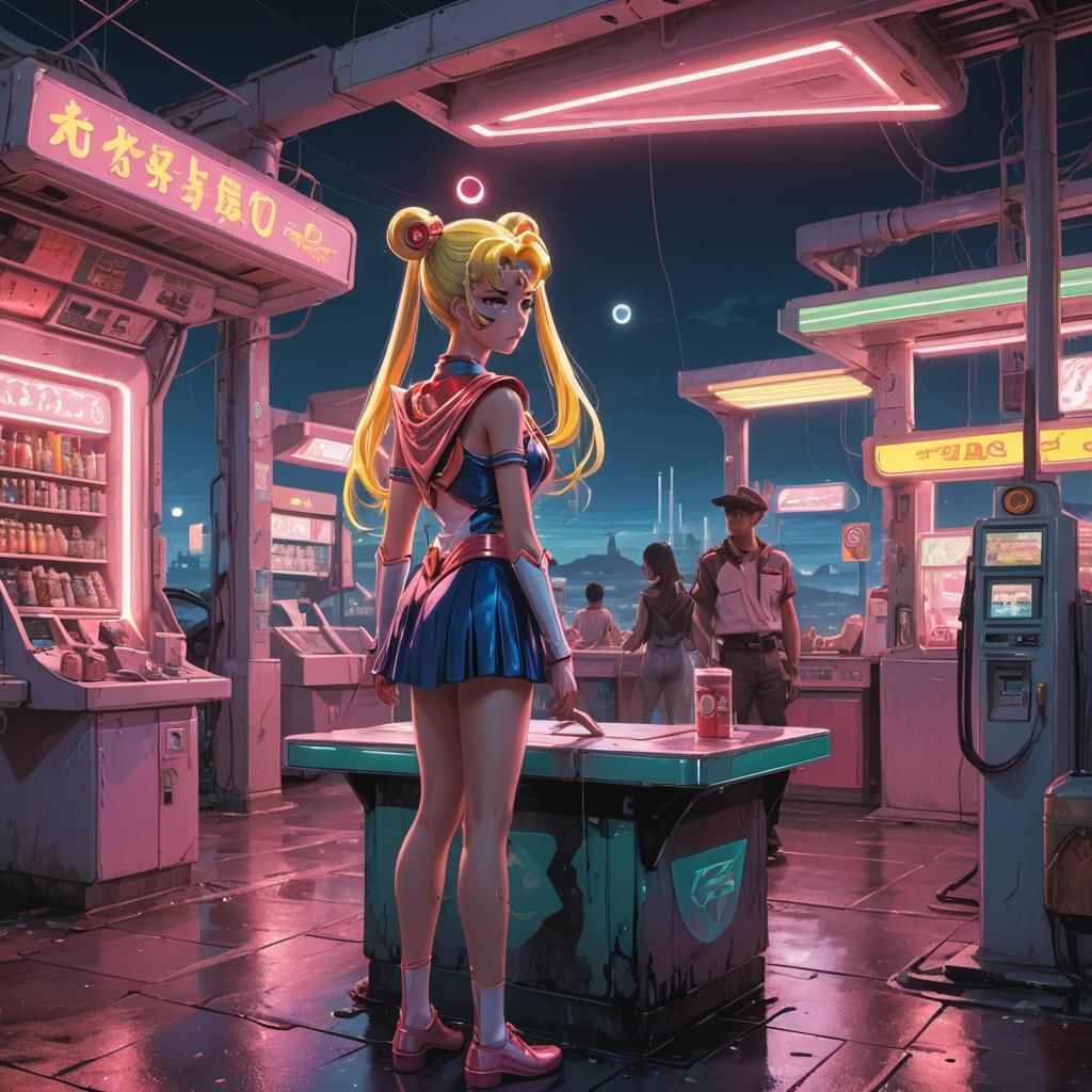 Sailor Moon at an Alien Gas Station: Cyberpunk Illustration