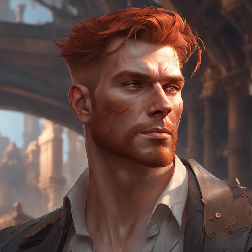 Auburn-Haired Man with Mechanical Eye, Hyperdetailed Portrai...