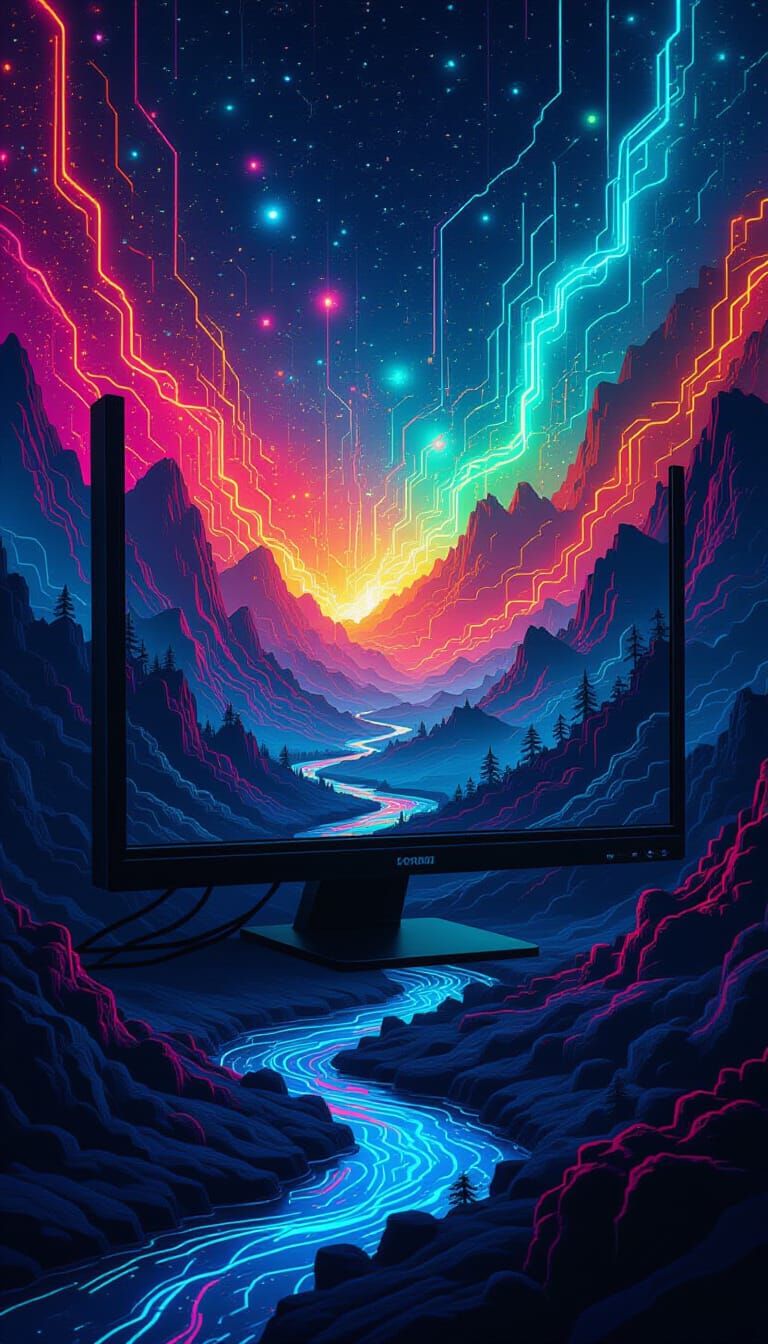 Surreal Digital Landscape Inside a Monitor