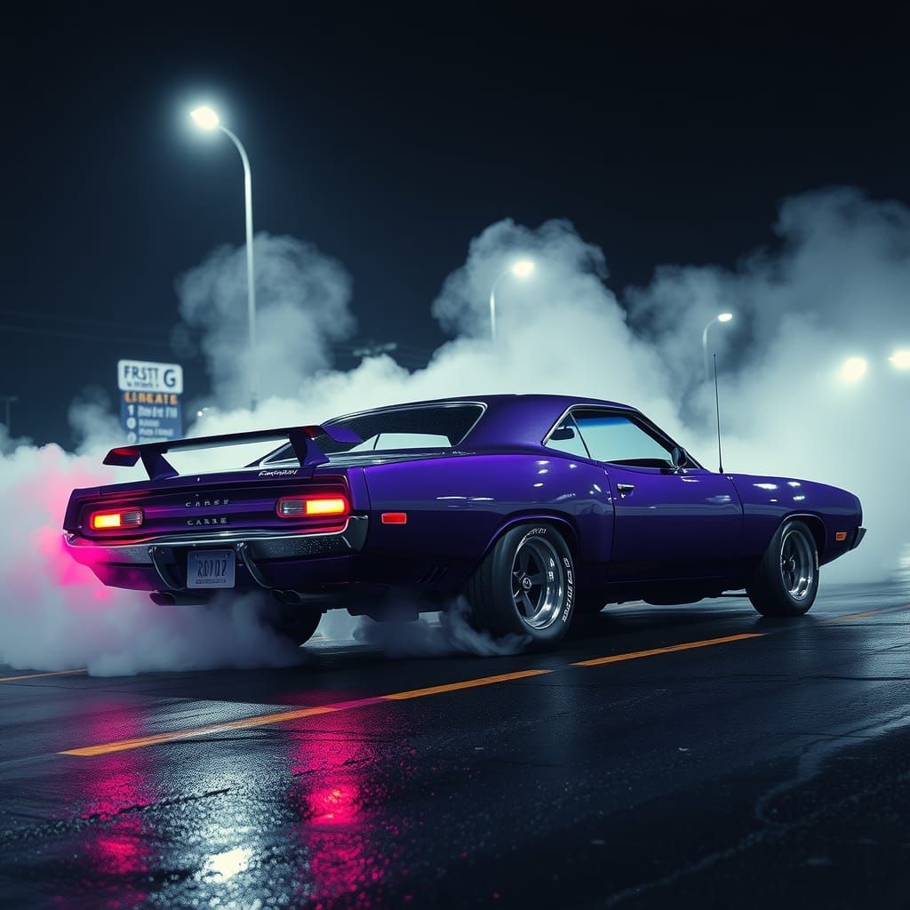 Plum Crazy Mopar Does Burnout in Film Noir Style